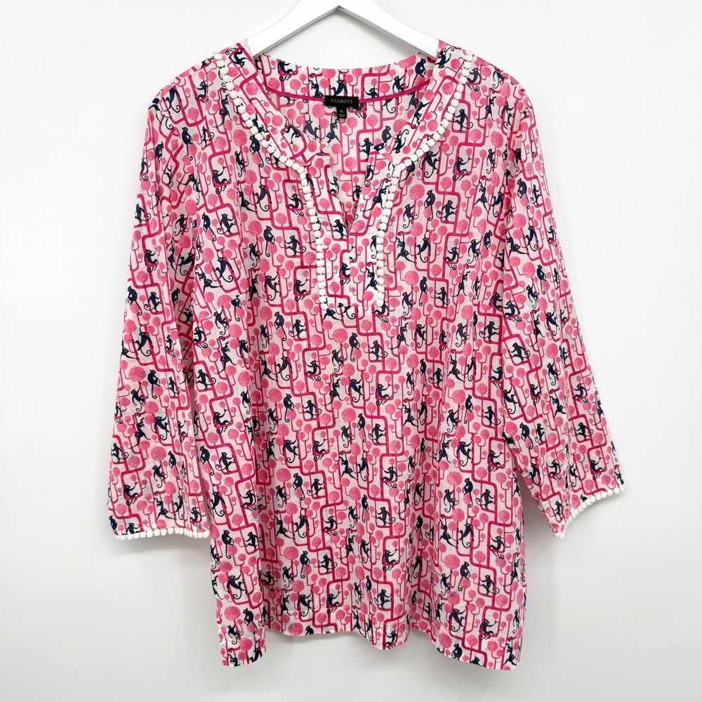 Talbots Top Shirt Blouse Size XL Monkeys 3/4 Sleeve Cotton Popover Resort New - Picture 13 of 13